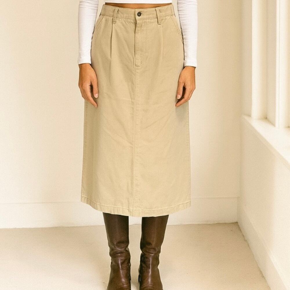 Vintage Land’s End 90s Minimalist Classic Khaki 100% Cotton Maxi Skirt